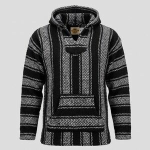Earth Ragz Unisex Medium Black Striped Baja Hoodie Mexican Poncho Pullover
